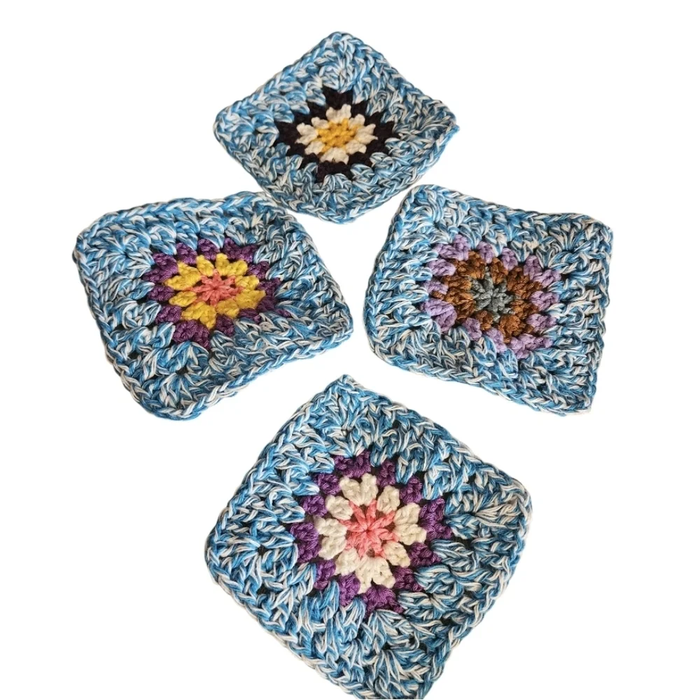Handmade Turquoise Marl Crochet Granny Square 4-pc Coasters Set 100% Cotton